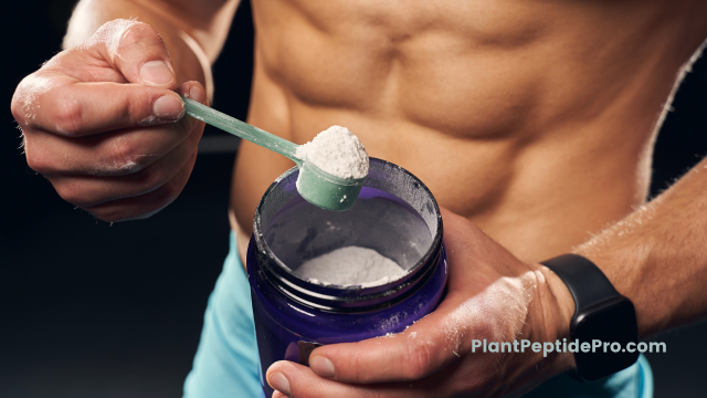 Man scooping protein isolates vs other protein powder from a jar. Plant-based protein